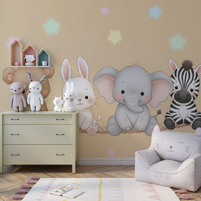 Barntapet | Söta djur på en snöre med stjärnor i bakgrunden