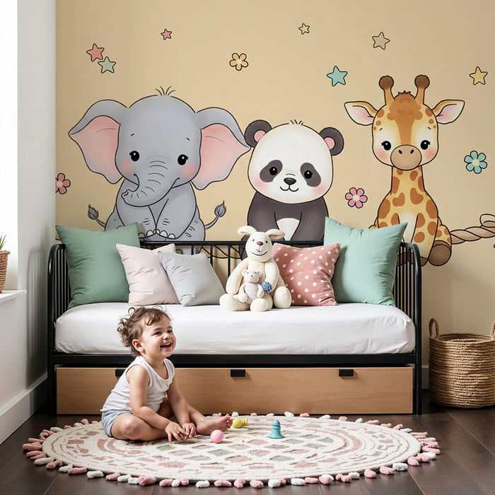 Barntapet | Söta djur på en rep mot en beige bakgrund