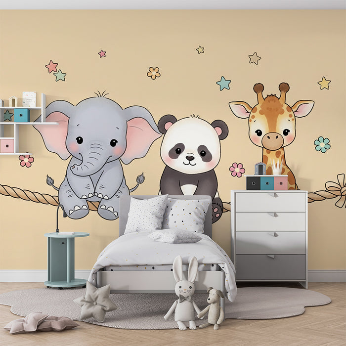 Barntapet | Söta djur på en rep mot en beige bakgrund