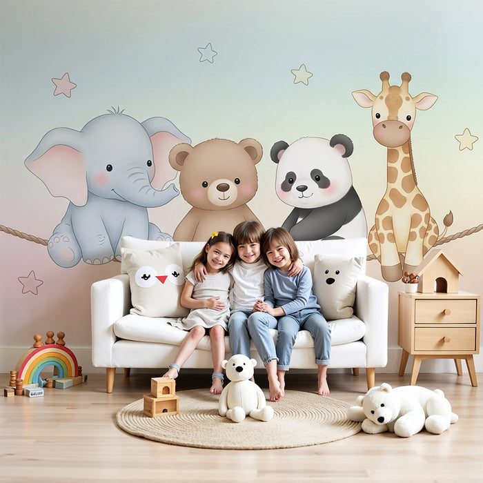 Barntapet | Söta djur på en pastellfärgad rep