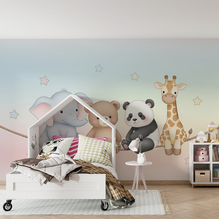 Barntapet | Söta djur på en pastellfärgad rep