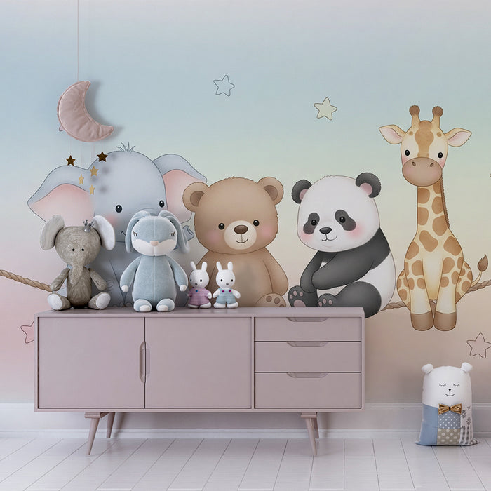 Barntapet | Söta djur på en pastellfärgad rep