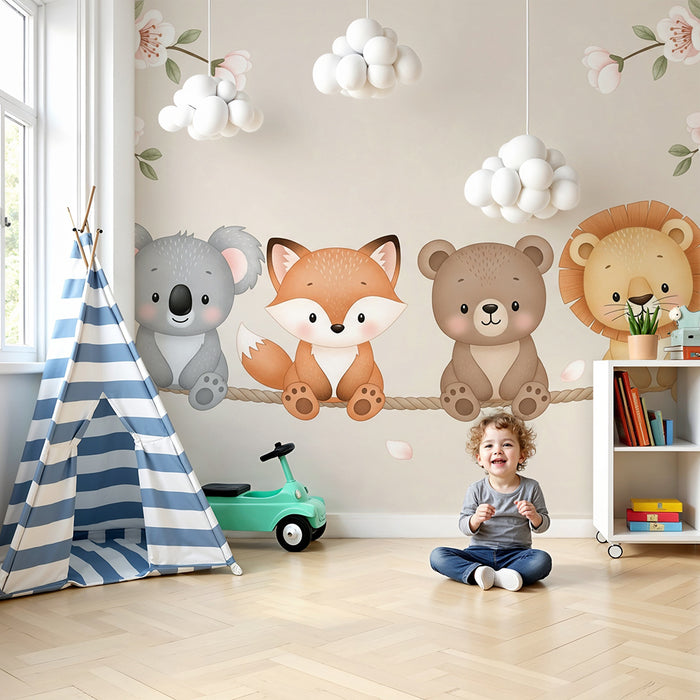 Barntapet | Söta djur på en snöre och körsbärsblommor