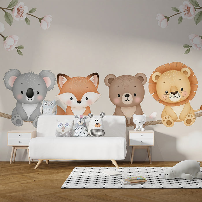 Barntapet | Söta djur på en snöre och körsbärsblommor