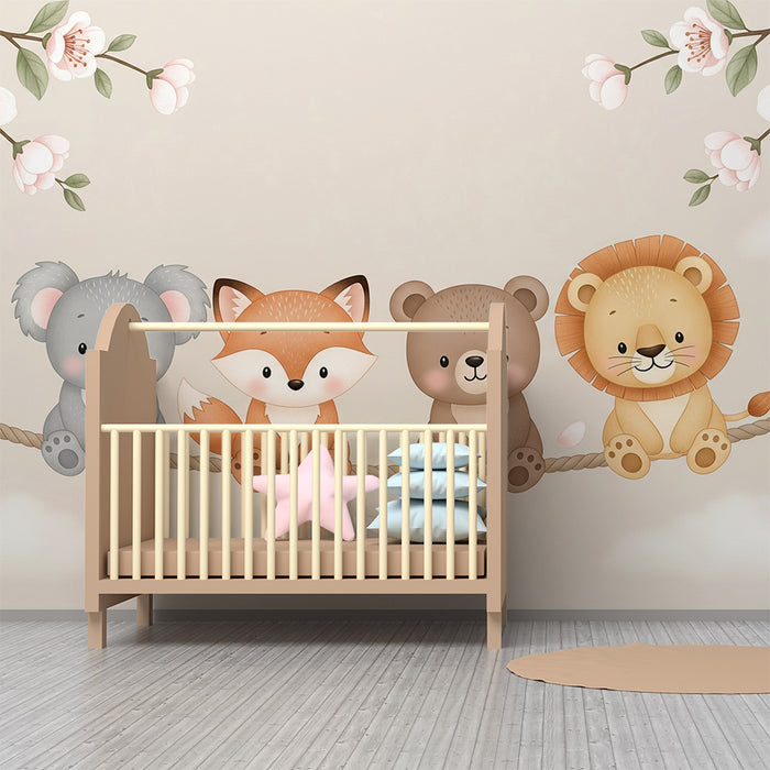 Barntapet | Söta djur på en snöre och körsbärsblommor