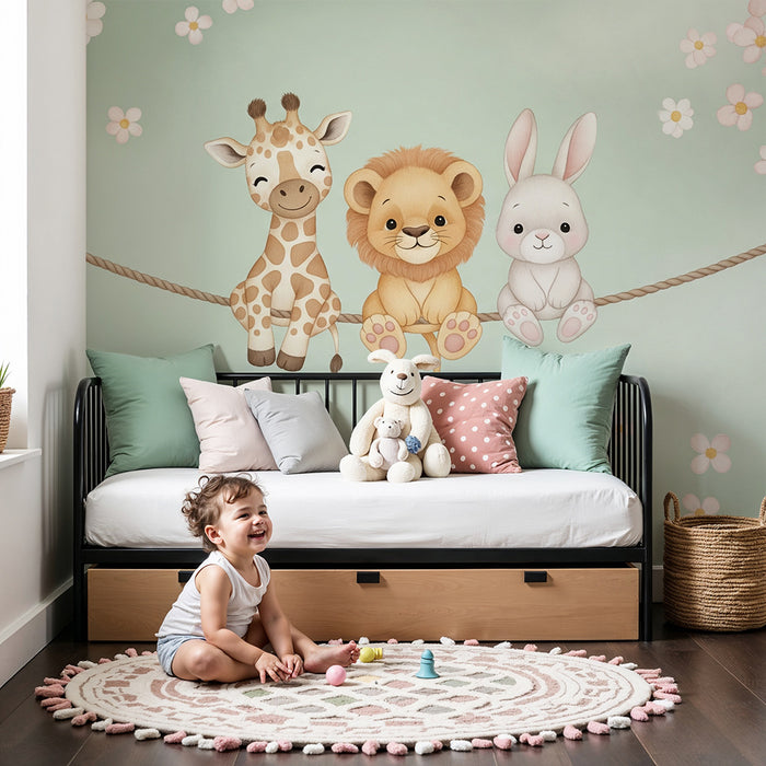 Barntapet | Söta djur på en snöre och prästkragar