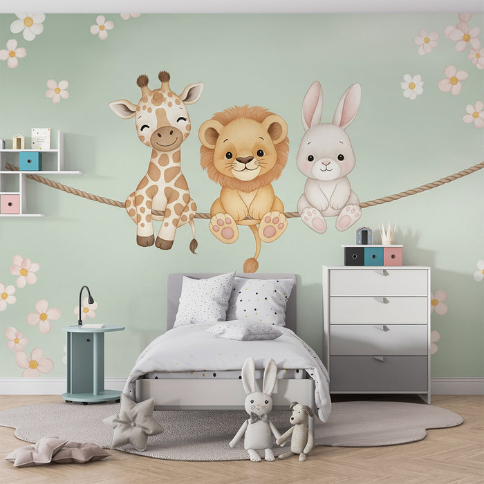 Barntapet | Söta djur på en snöre och prästkragar