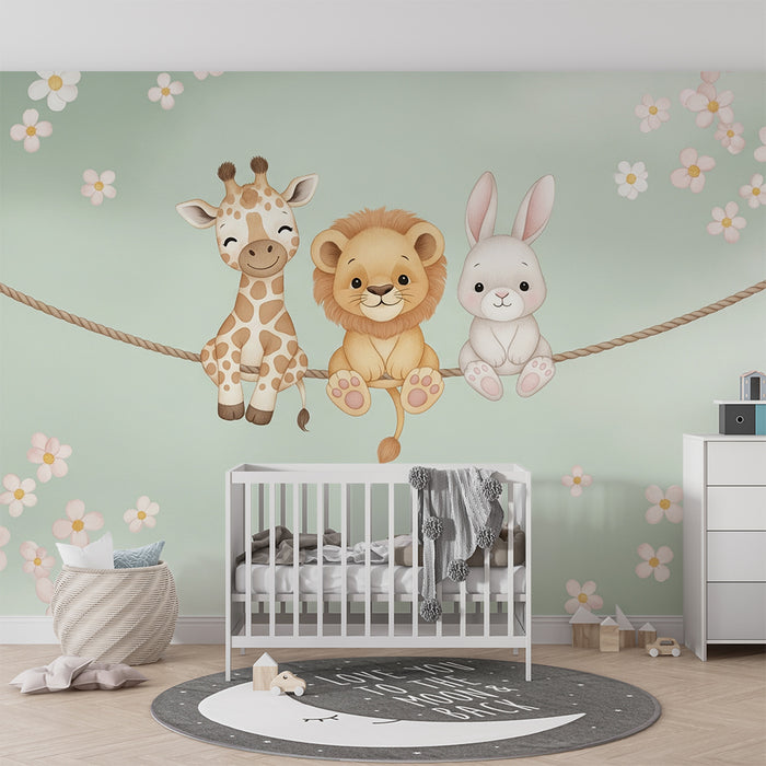 Barntapet | Söta djur på en snöre och prästkragar