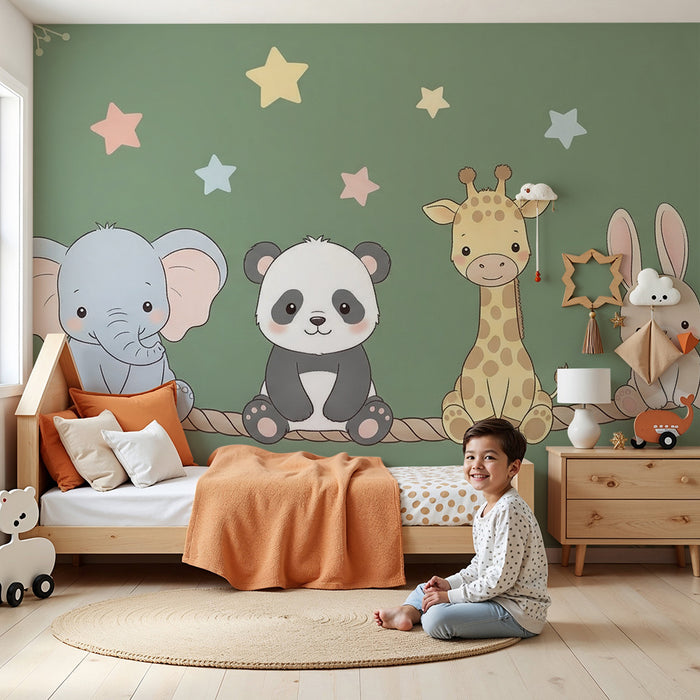 Barntapet | Söta djur på en grön bakgrund