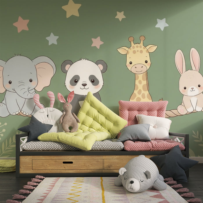 Barntapet | Söta djur på en grön bakgrund