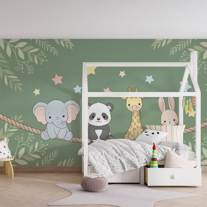 Barntapet | Söta djur på en grön bakgrund