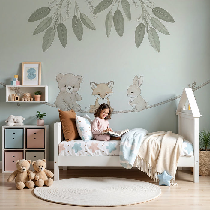 Barntapet | Söta djur på en snöre bakgrund i salvia grönt