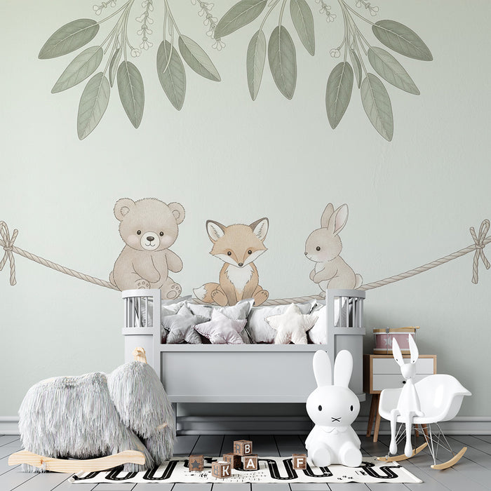 Barntapet | Söta djur på en snöre bakgrund i salvia grönt