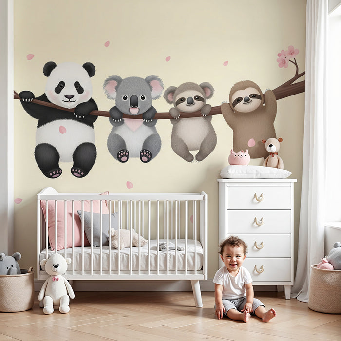 Nursery room wallpaper | Cute animals hanging on a branch with cherry blossoms