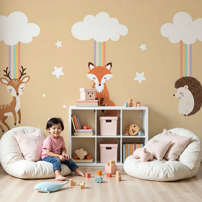 Papel pintado para habitación infantil | Animalitos colgantes con nubes y arcoíris