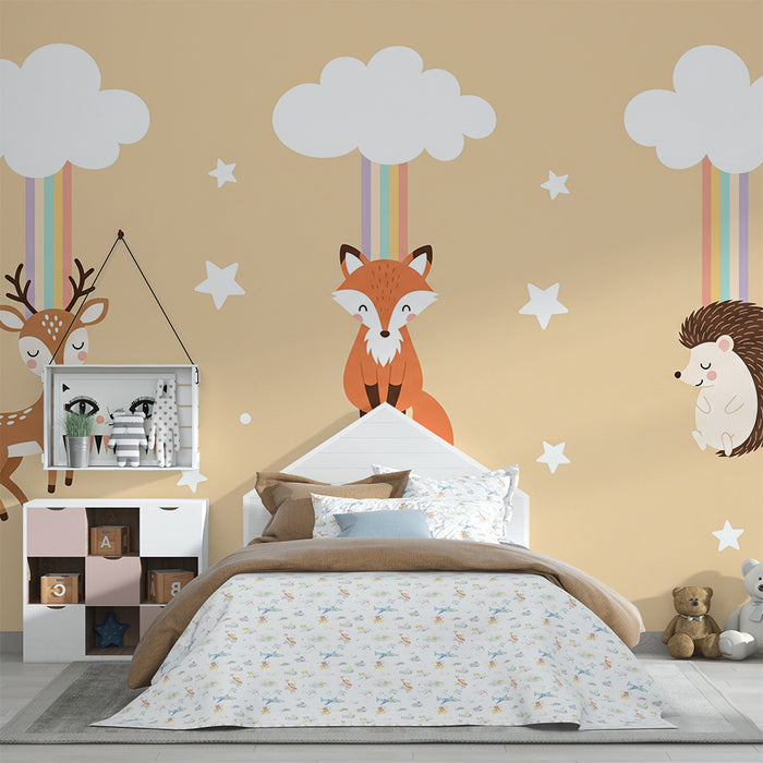 Papel pintado para habitación infantil | Animalitos colgantes con nubes y arcoíris