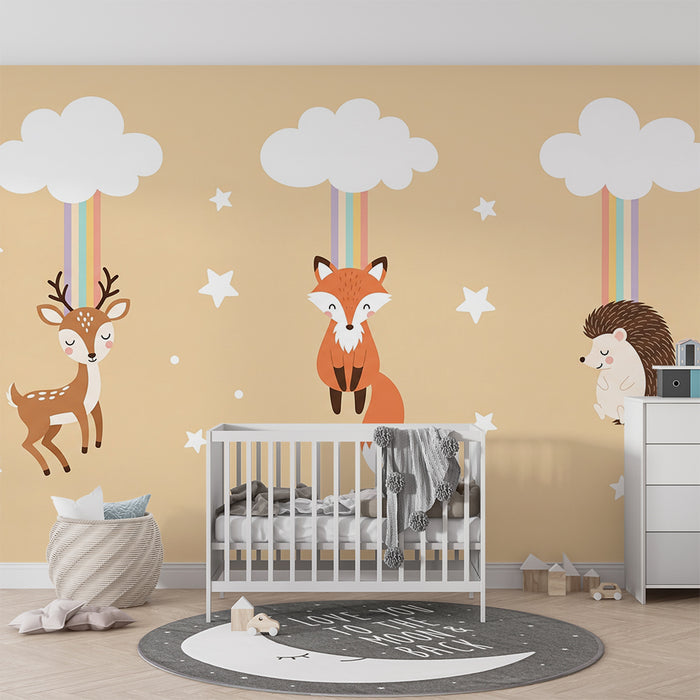 Papel pintado para habitación infantil | Animalitos colgantes con nubes y arcoíris