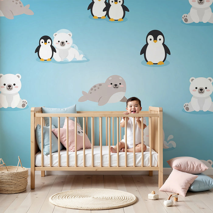**Tapete Babyzimmer | Niedliche Polartiere auf blauem Hintergrund**