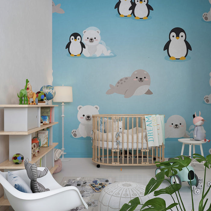 **Tapete Babyzimmer | Niedliche Polartiere auf blauem Hintergrund**