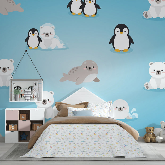 **Tapete Babyzimmer | Niedliche Polartiere auf blauem Hintergrund**