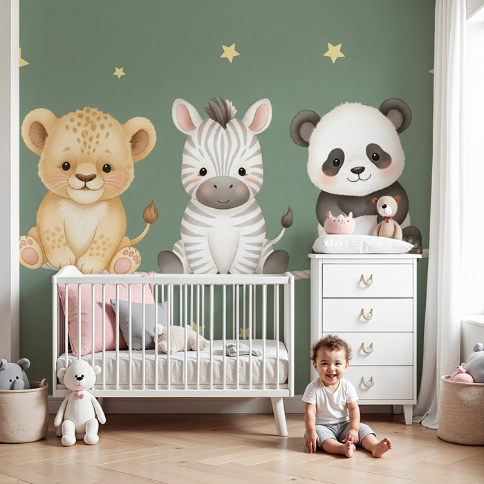 Barntapet | Djur under stjärnorna och grön bakgrund