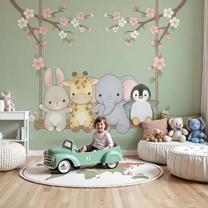 Barntapet | Djur på en gungstol körsbärsblommor och salvia grönt bakgrund