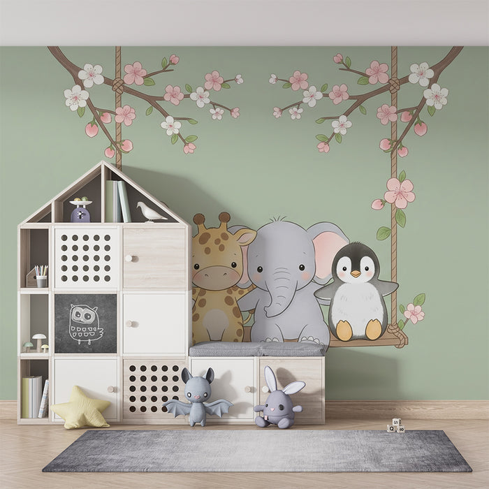 Barntapet | Djur på en gungstol körsbärsblommor och salvia grönt bakgrund