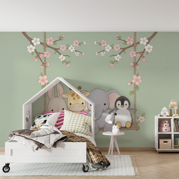 Barntapet | Djur på en gungstol körsbärsblommor och salvia grönt bakgrund