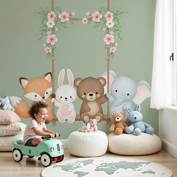 Barntapet | Djur på en blommande gungstol