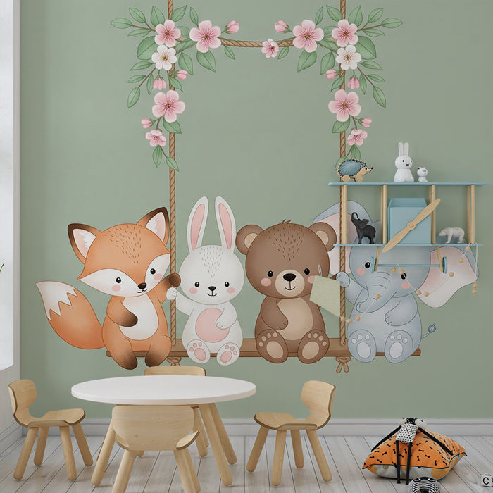 Barntapet | Djur på en blommande gungstol