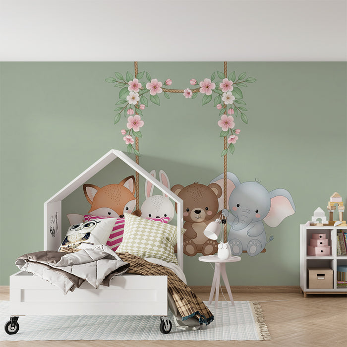 Barntapet | Djur på en blommande gungstol