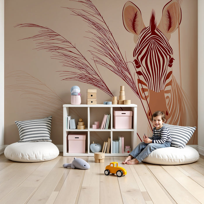 Papier peint chambre bébé | Approche délicate d'une zèbre et herbes douces