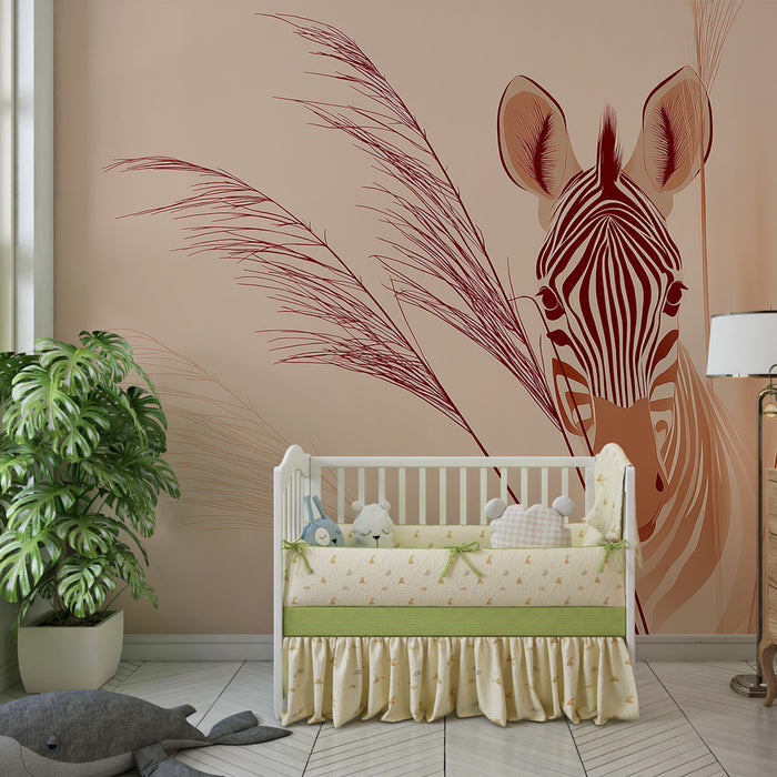 Papier peint chambre bébé | Approche délicate d'une zèbre et herbes douces