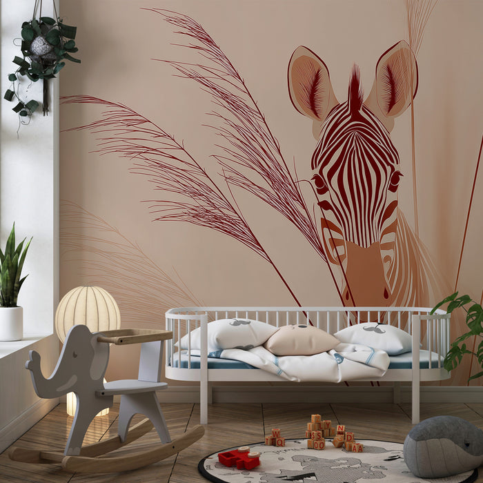 Papier peint chambre bébé | Approche délicate d'une zèbre et herbes douces