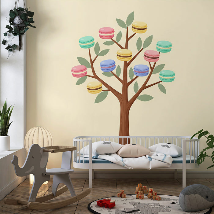 Tapet pentru camera copilului | Pom cu macaroane colorate pentru un decor delicat