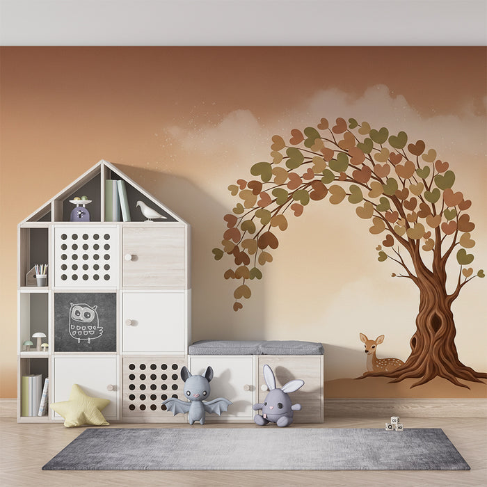 Tapet barnerom | Hjerteformede blader og fredelig fawn i et tre