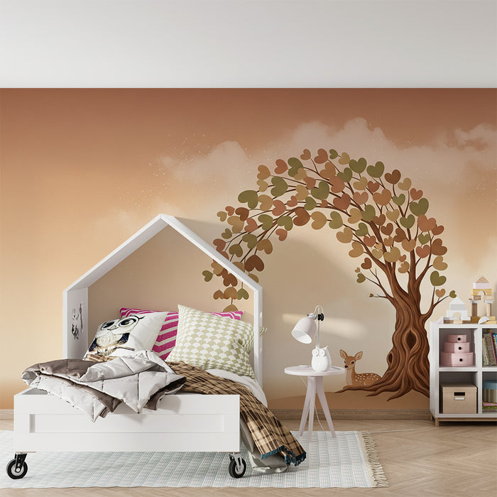 Tapet barnerom | Hjerteformede blader og fredelig fawn i et tre