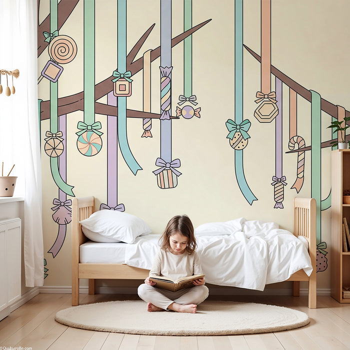 Baba szobai tapéta | Pasztell szalagokkal és édességekkel díszített fa