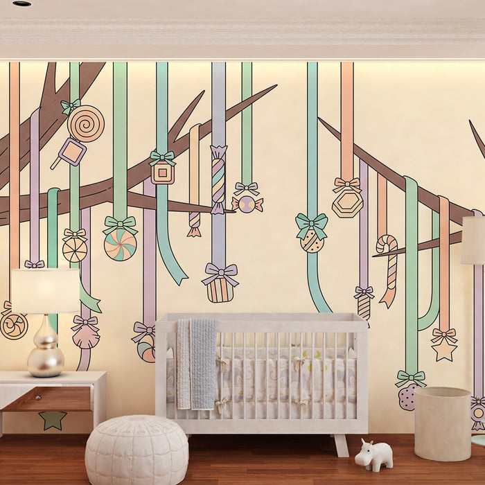 Baba szobai tapéta | Pasztell szalagokkal és édességekkel díszített fa