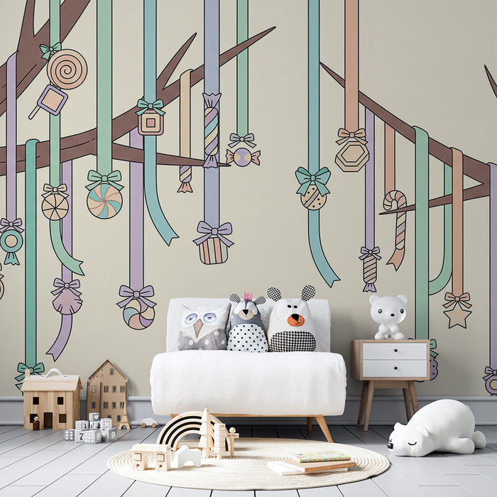 Baba szobai tapéta | Pasztell szalagokkal és édességekkel díszített fa