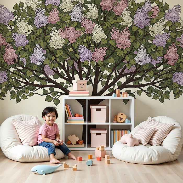Nursery Wallpaper | Blossoming Tree with Pastel Lilac and Lush Foliage