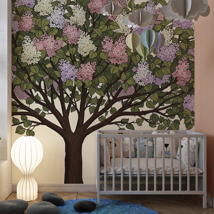 Nursery Wallpaper | Blossoming Tree with Pastel Lilac and Lush Foliage