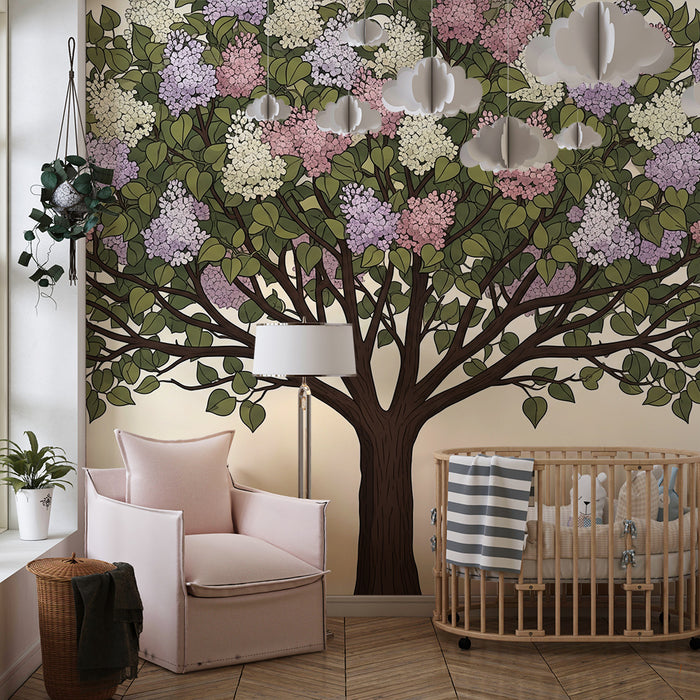 Nursery Wallpaper | Blossoming Tree with Pastel Lilac and Lush Foliage