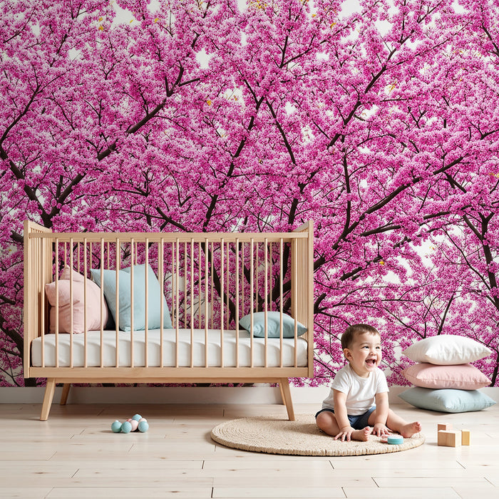 Papel pintado para habitación de bebé | Árbol de flores rosas para un ambiente suave y relajante