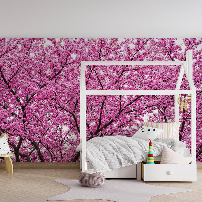 Papel pintado para habitación de bebé | Árbol de flores rosas para un ambiente suave y relajante