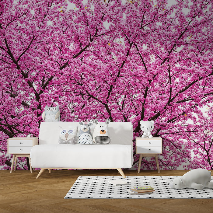 Papel pintado para habitación de bebé | Árbol de flores rosas para un ambiente suave y relajante
