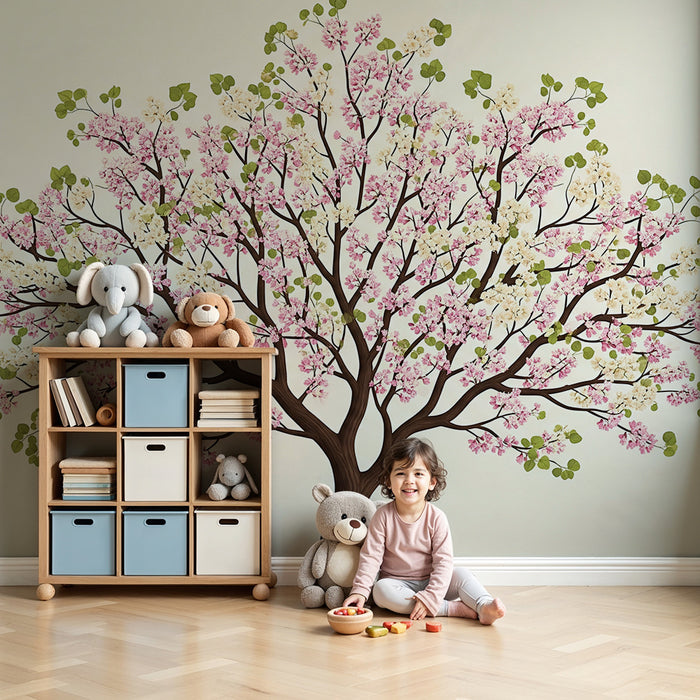 Papel pintado para habitación infantil | Árbol en flor en tonos suaves de rosa y blanco