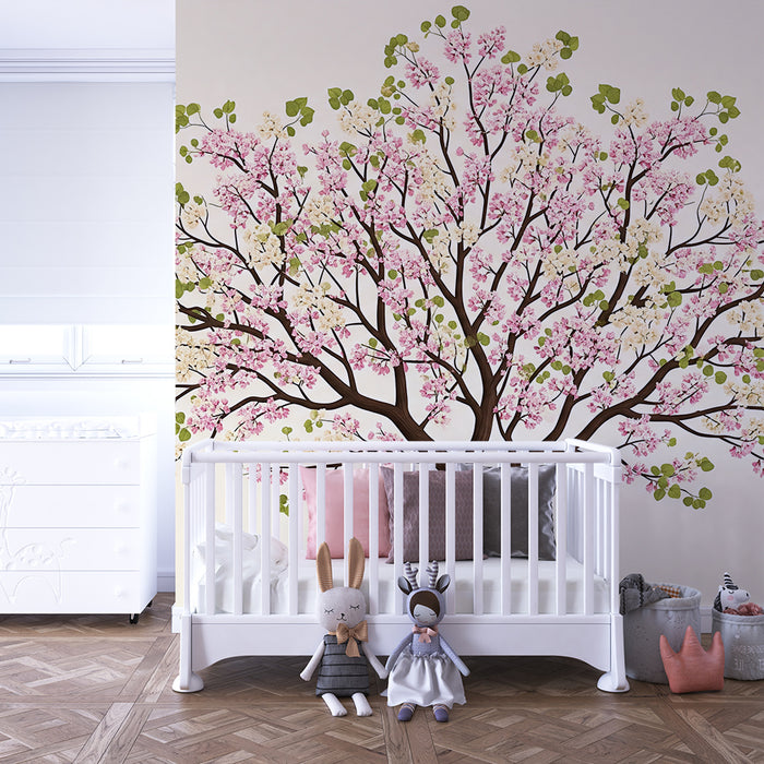 Papel pintado para habitación infantil | Árbol en flor en tonos suaves de rosa y blanco