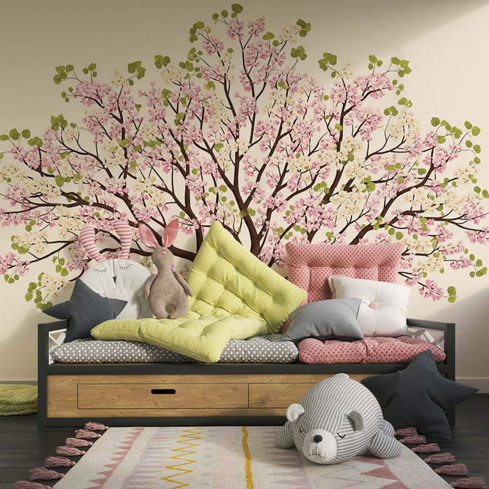 Papel pintado para habitación infantil | Árbol en flor en tonos suaves de rosa y blanco