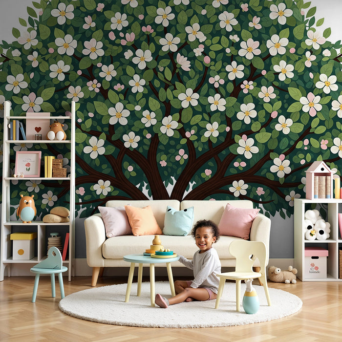 Papel de parede para quarto de bebé | Árvore florida com flores brancas e folhas verdes
